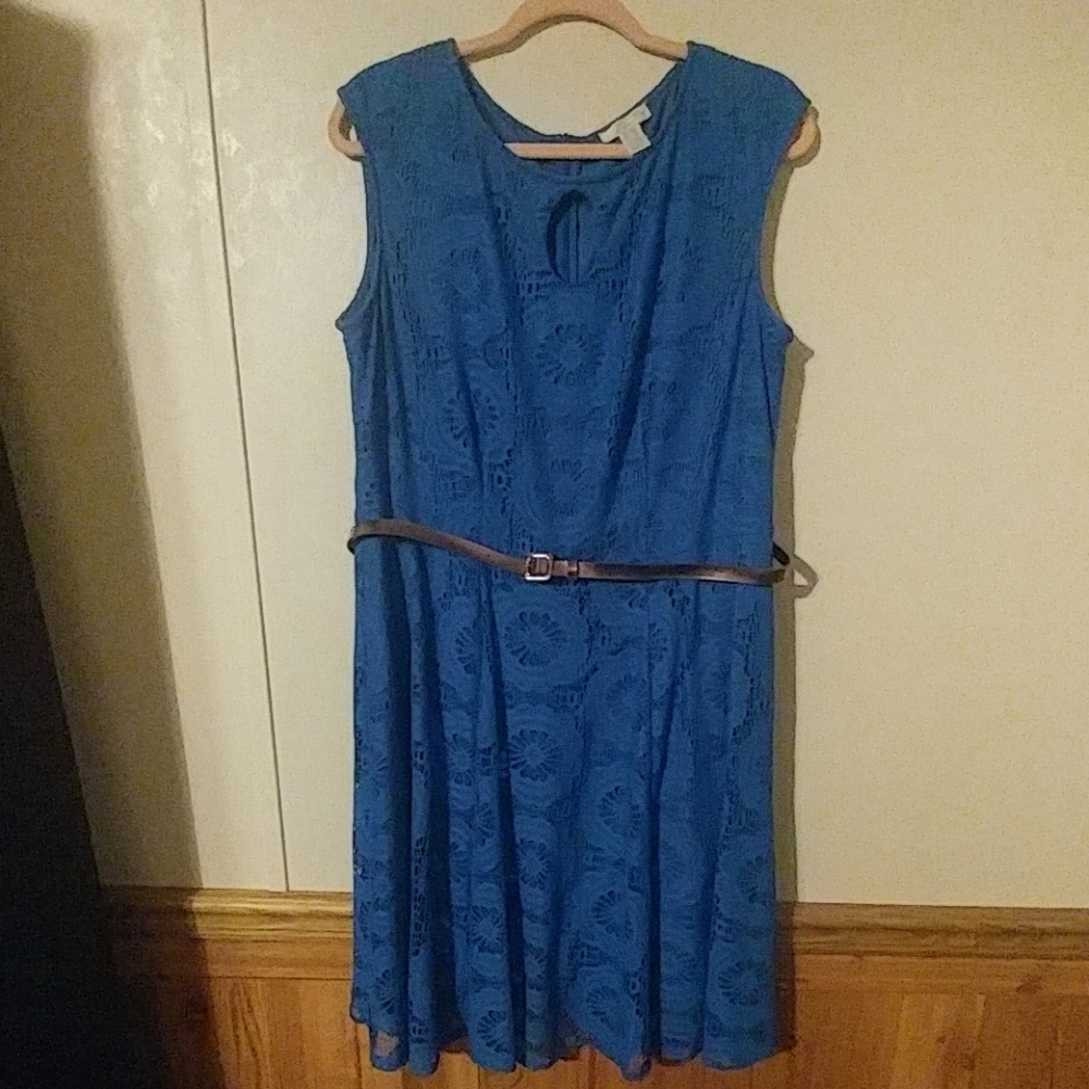 Blue lace belted dress with a keyhole neck.